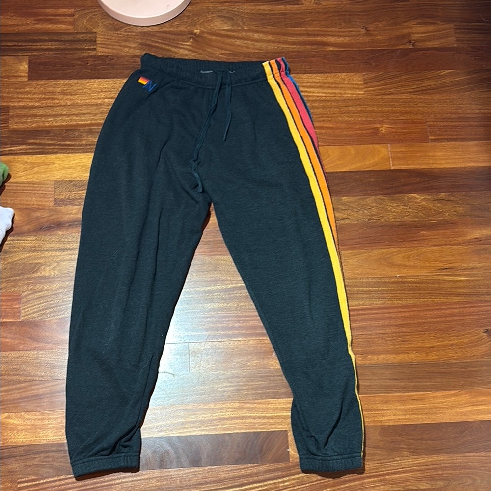 Aviator Nation Black Joggers with Rainbow Stripes